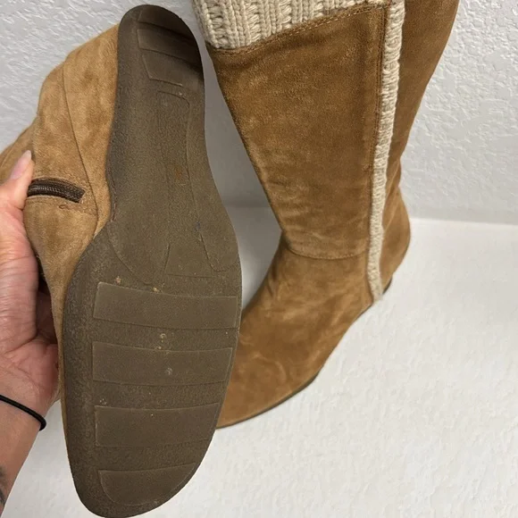 Leather Suede Tan Knee-High wedge Boots 8 - Picture 8 of 13